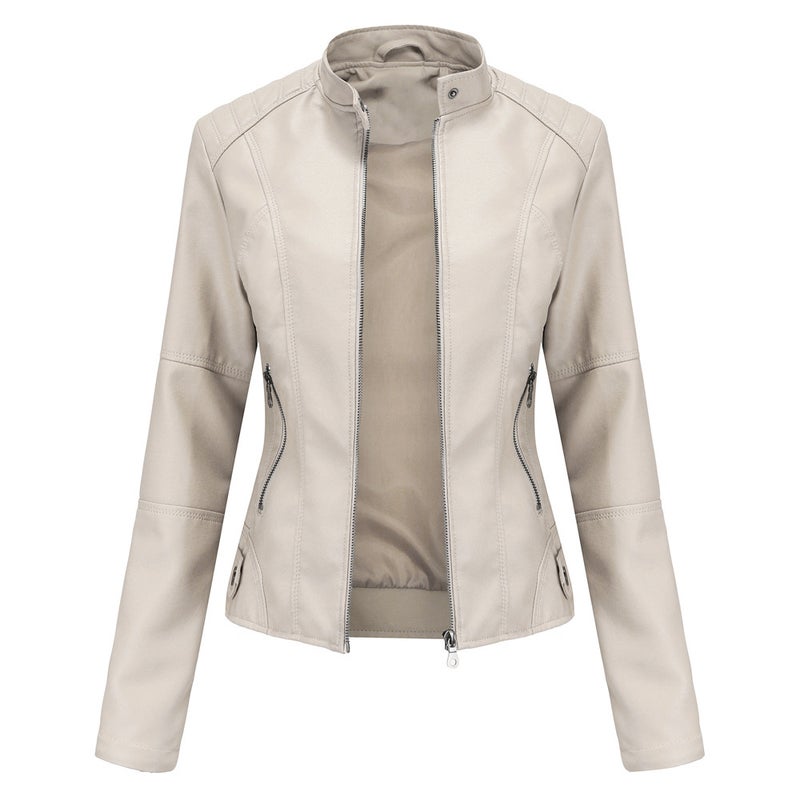 Women's Slim Fit PU Faux Leather Biker Jacket with Stand Collar and Zip Front, Lightweight Spring Autumn Coat - Image 1