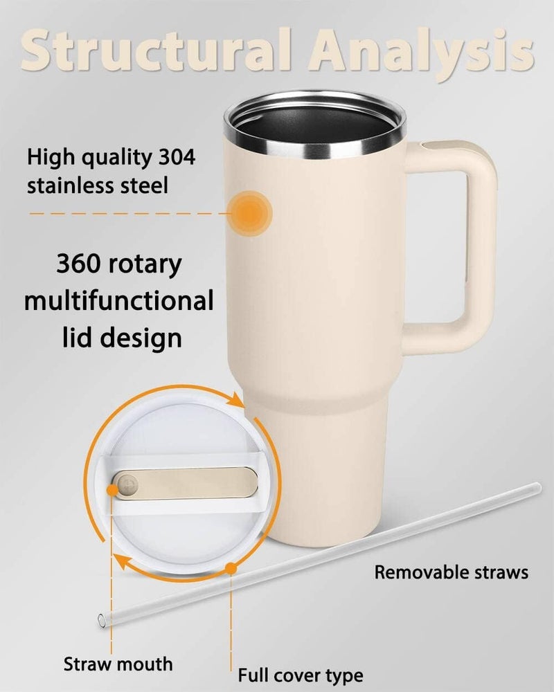 WEZOSHINET Tumbler with Handle and Straw Lid Insulated Reusable Stainless Steel Water Bottle Travel Mug Iced Coffee Cup Travel Mug for Hot and Cold Beverages 40 oz Tumbler 40 Oz Cream - Image 3