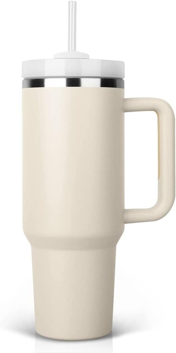 WEZOSHINET Tumbler with Handle and Straw Lid Insulated Reusable Stainless Steel Water Bottle Travel Mug Iced Coffee Cup Travel Mug for Hot and Cold Beverages 40 oz Tumbler 40 Oz Cream - Image 1