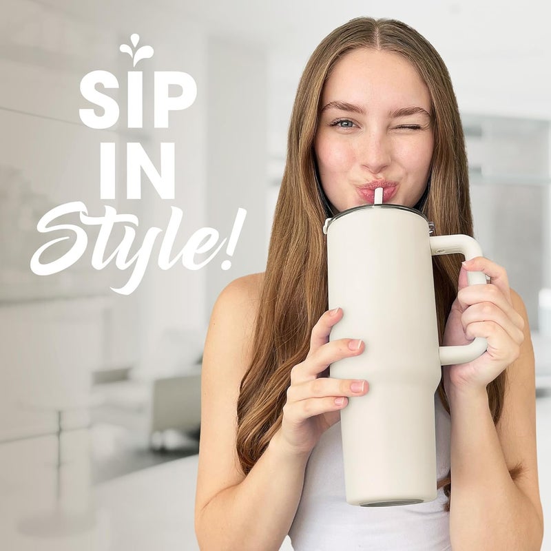 WEZOSHINET Tumbler with Handle and Straw Lid Insulated Reusable Stainless Steel Water Bottle Travel Mug Iced Coffee Cup Travel Mug for Hot and Cold Beverages 40 oz Tumbler 40 Oz Cream - Image 2