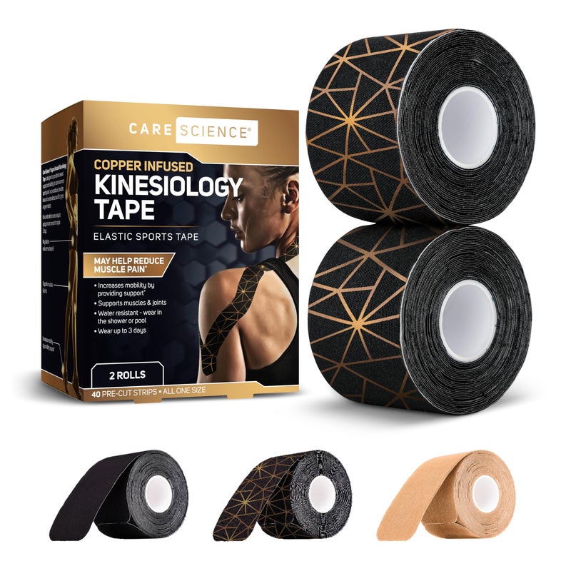 Care Science Waterproof Kinesiology Tape 40 ct Precut Strips 2 Rolls Copper Infused Water Resistant Strips Elastic Athletic Tape for Sports Weightlifting Muscle Strain Relief Joint Support