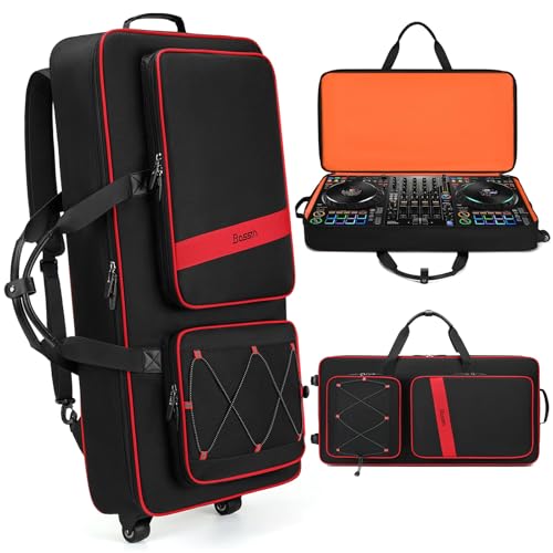 BOSSTIN DJ Controller Case with Wheels Compatible with DDJ FLX10 /1000 /FLX6 /REV7 /REV5, Rolling DJ Case for Equipment, Padded Large DJ Backpack with Multi-Pocket for Laptop Accessories (Black Red) - Image 1