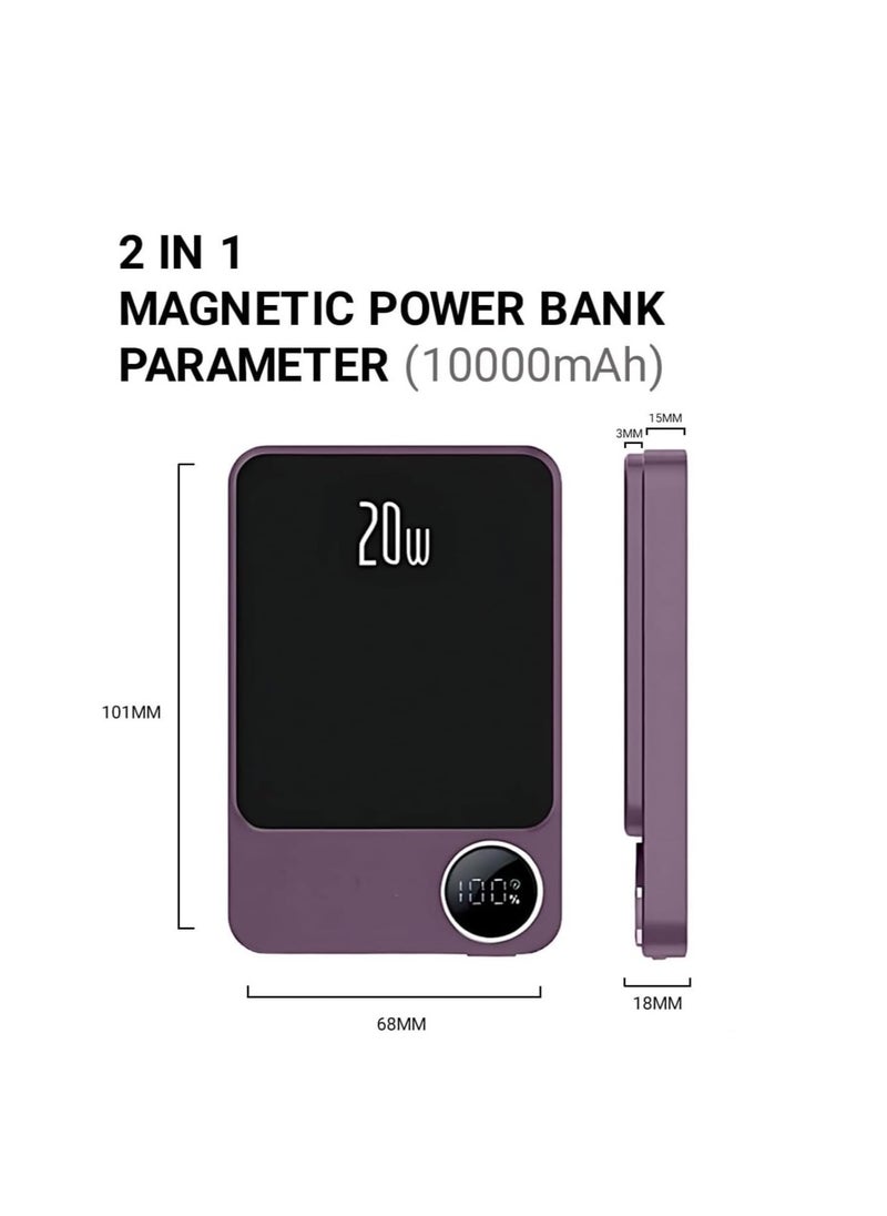 Lisen - Wireless Power Bank Fast Charging 10000 mAh 20w With Digital Screen For MagSafe for iPhone and Andriod With Wire Battery Powerbank Portable Fast Charger Pocket Size Purple - Image 1