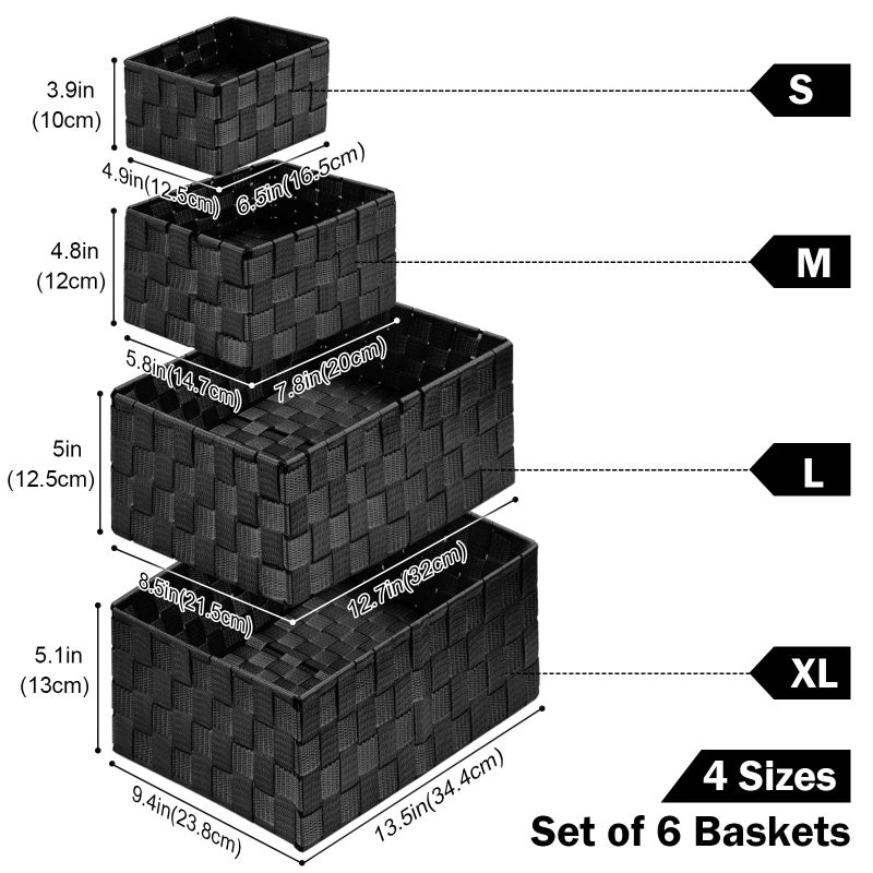 Uvellgift Woven Storage Baskets, Storage Bins, Cube Basket Container Baskets Storage Boxes Organizers for Clothes /Shelves/ Closet, Set of 6 (Black) - Image 2