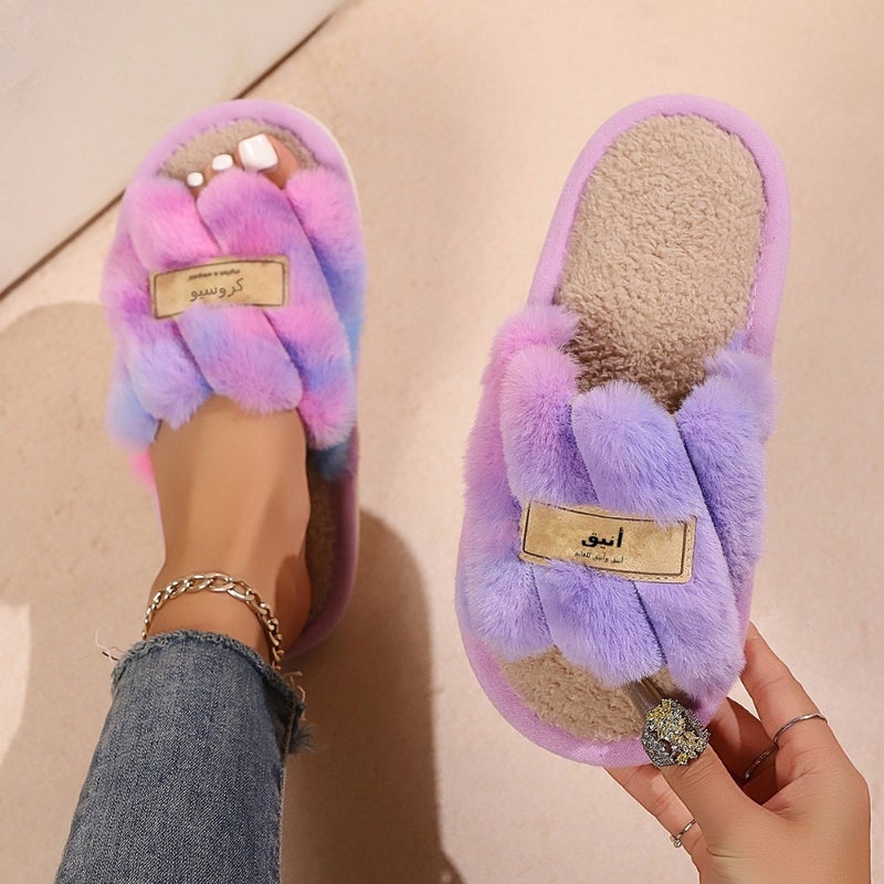 Cross-border explosive fur slippers, women's autumn and winter outer wear, anti-slip indoor thick bottom, home furry moon cotton slippers