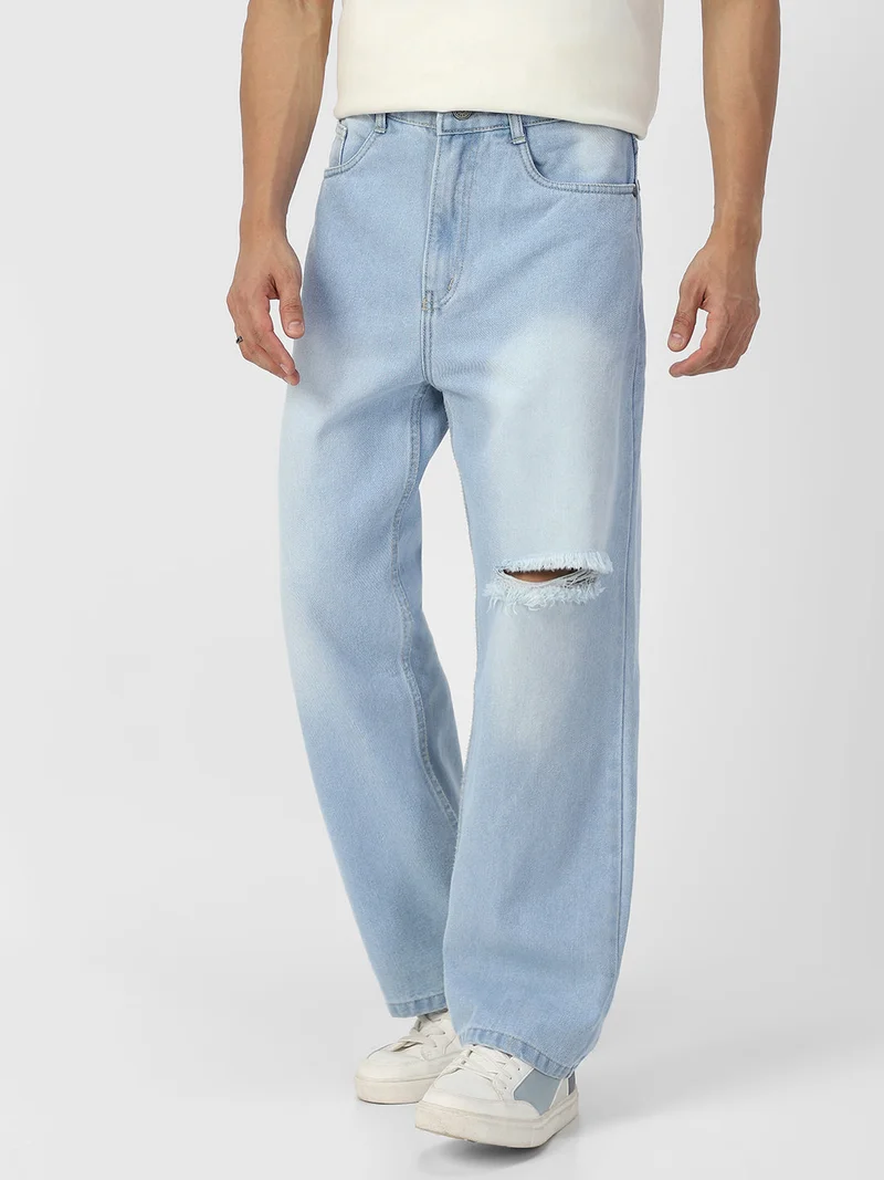 Urbano Fashion  Urbano Fashion Men's Ice Blue Loose Baggy Fit Washed Distressed/Torn Jeans Non-Stretchable for Men | Best Price UAE