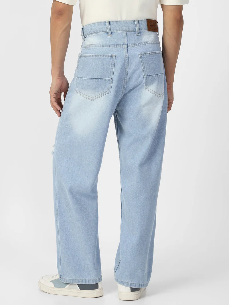 Urbano Fashion  Urbano Fashion Men's Ice Blue Loose Baggy Fit Washed Distressed/Torn Jeans Non-Stretchable for Men | Best Price UAE