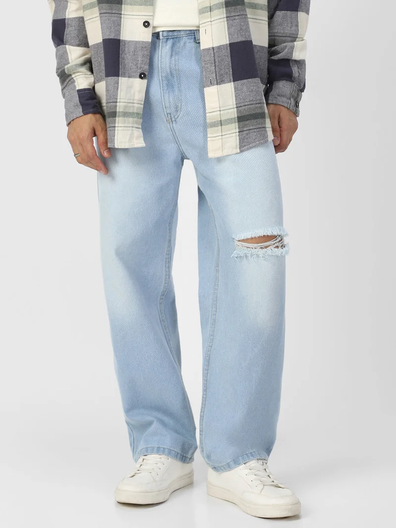 Urbano Fashion  Urbano Fashion Men's Ice Blue Loose Baggy Fit Washed Distressed/Torn Jeans Non-Stretchable for Men | Best Price UAE