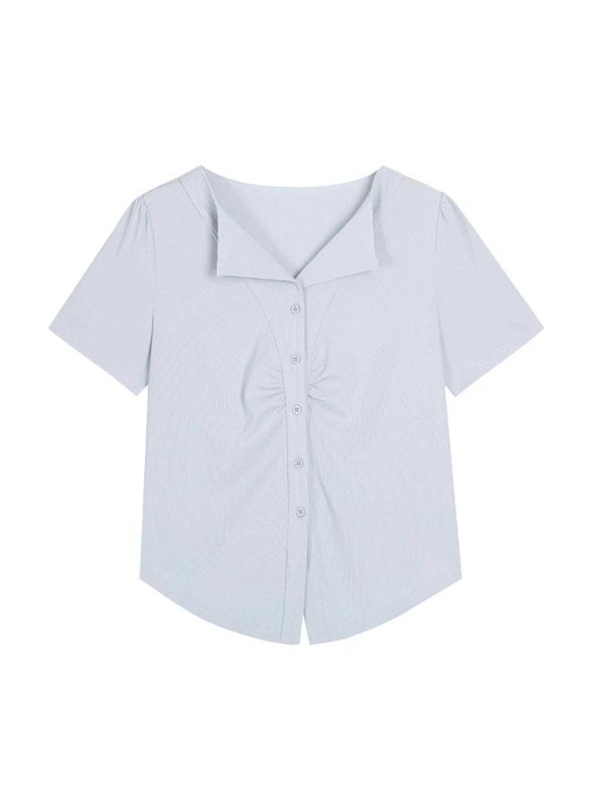 Generic - Bubble-sleeved Slim-fit Short-sleeved Knitted Shirt For Chubby Girls Large Size Women's Shoulder Pleated Waist 62886 Top - Image 1