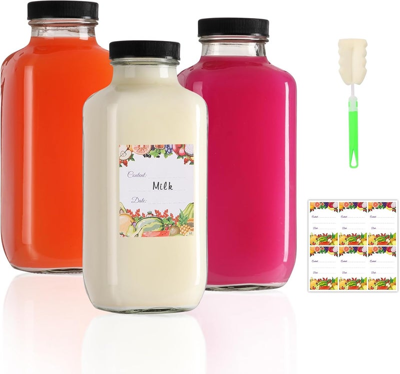 AuroTrends 16 oz Glass Bottles with Lids 3Pack, 480ml Glass Bottles for Juicing, Water, Kombucha - Portable Glass Juicing Bottles Reusable Glass 16oz (16fl.oz, Set of 3) - Image 1