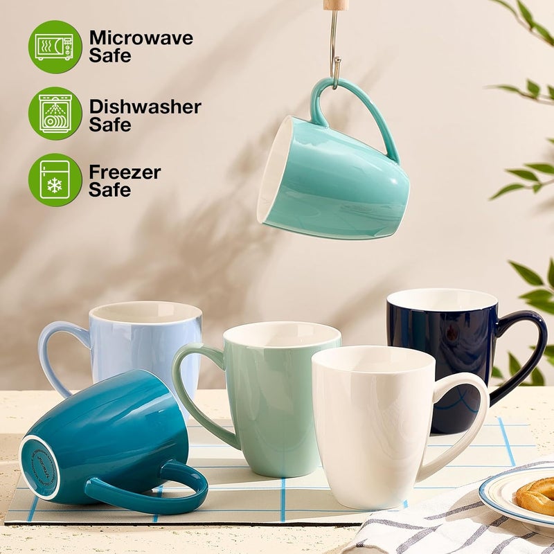 Mfacoy Porcelain Coffee Mugs Set of 6, 13 Ounce Coffee Cups with Handle, Ceramic Tea Mugs for Latte, Hot Tea, Cappuccino, Mocha, Cocoa, Blue Assorted Colors Mug Gift Set, Dishwasher and Microwave Safe - Image 2