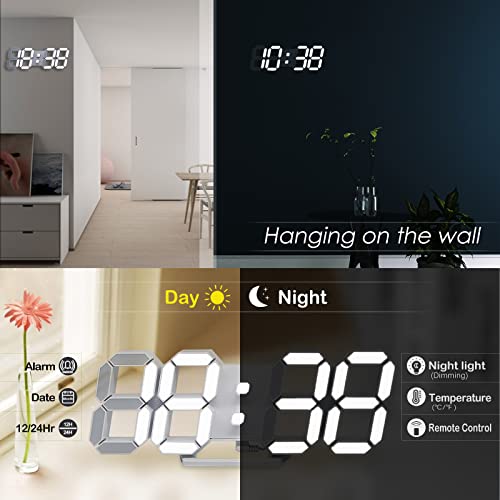 KOSUMOSU 3D LED Digital Wall Clock ,9.7", Large Display Table/ Desk Clock with Remote Control 12/24H Temperature (White Light) - Image 2