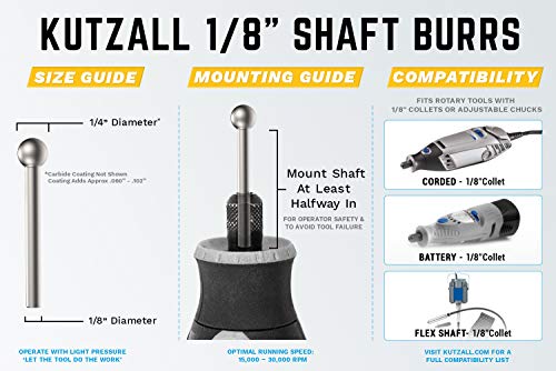 Kutzall Original Sphere Rotary Burr, 1⁄8" Shaft, Fine - Wood Carving Bit for Dremel, Foredom, DeWalt, Milwaukee Tools. Abrasive Tungsten Carbide Coating, 1⁄4" (6.3mm) Head Diameter, S-14-EG - Image 3