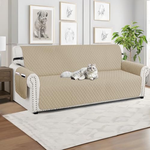 XINEAGE Oversized Sofa Cover Waterproof Couch Covers for 3 Cushion Couch, Soft Washable Slipcover with Pockets & Non-Slip Elastic Straps, Dog Pets Proof Thick Furniture Protector (XL-Sofa, Khaki) - Image 2