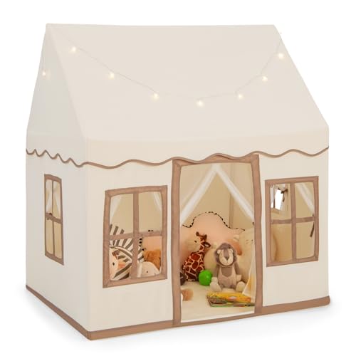INFANS Kids Play Tent with Washable Mat Star Light Windows AntiTrip Large Playhouse Toys for Children Boys Girls Indoor Outdoor Princess Tents Castle for Toddlers Beige - Image 1