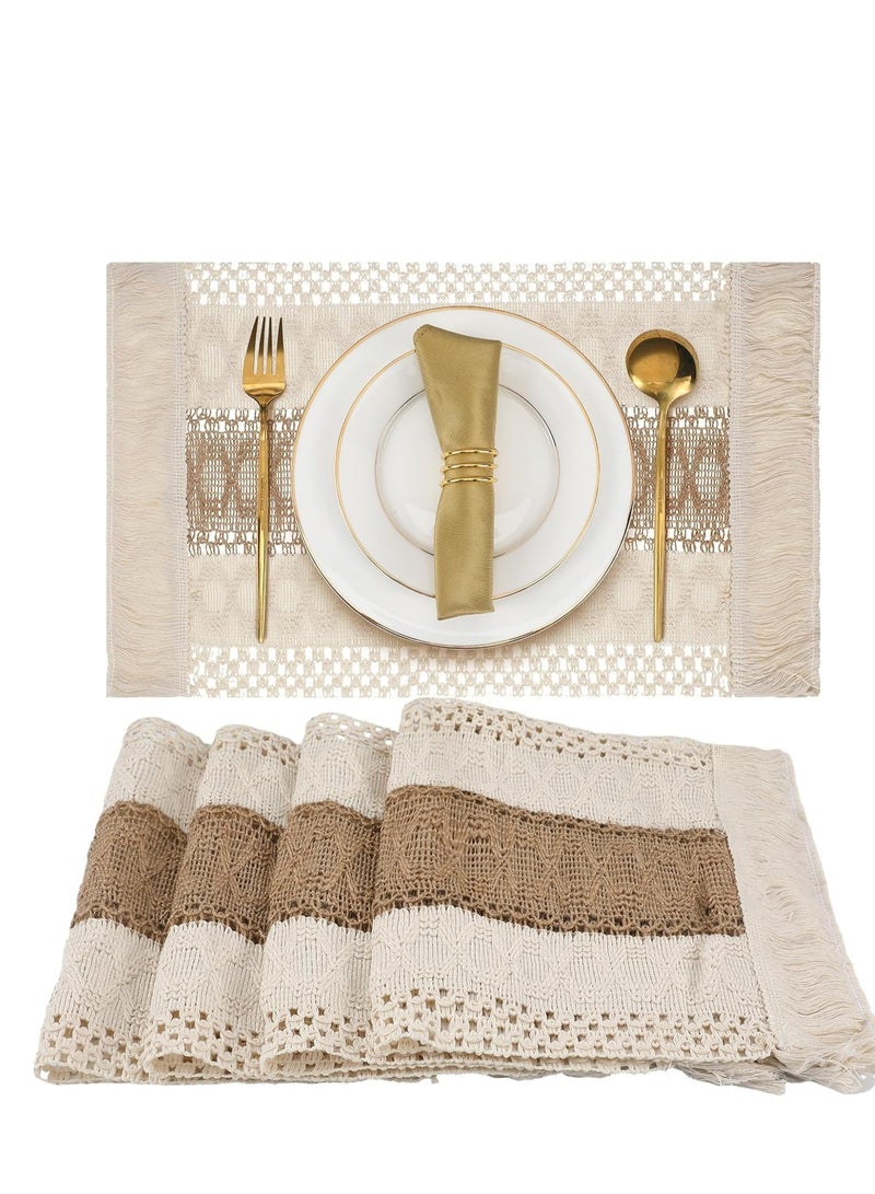SOLARAE Cotton Placemats Non-Slip Heat Resistant Washable Rustic Beige Burlap Macrame Place with Tassels for Farmhouse Kitchen Decorations Gatherings Wedding Dinner 4, 12 x 20 inches - Image 1