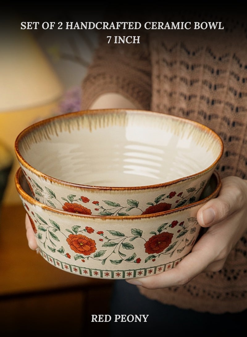 Set of 2 Handcrafted Ceramic Bowls 7 inch 900ml - Red Peony Ruffled Bowl, Perfect Housewarming Gift, Artisan Stoneware Serving Plates, Ideal for Ramen, Soup, Pasta, Salad, Main Course & Modern Farmhouse Kitchen Tableware - Image 1