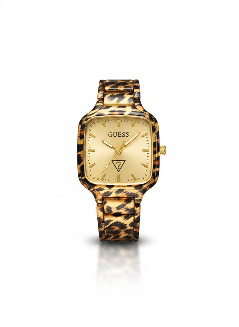 GUESS Women Luxury Fashion Analog Quartz Watch With Leopard Animal Print Link Bracelet Square Case Gold Dial Gold Indices - Image 1