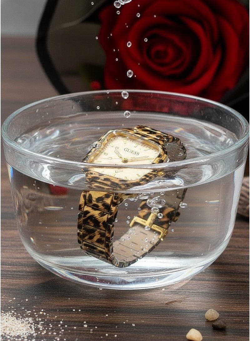 GUESS Women Luxury Fashion Analog Quartz Watch With Leopard Animal Print Link Bracelet Square Case Gold Dial Gold Indices - Image 4