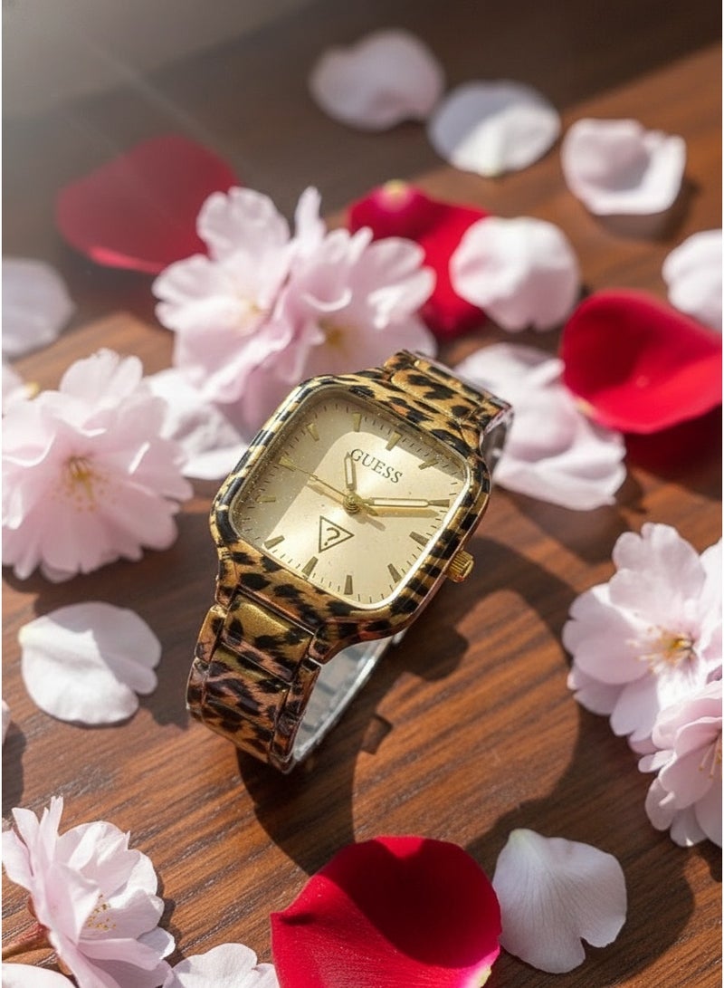 GUESS Women Luxury Fashion Analog Quartz Watch With Leopard Animal Print Link Bracelet Square Case Gold Dial Gold Indices - Image 2
