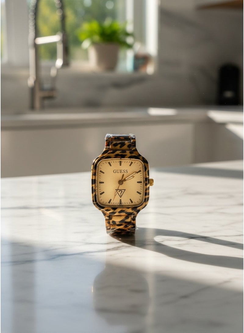 GUESS Women Luxury Fashion Analog Quartz Watch With Leopard Animal Print Link Bracelet Square Case Gold Dial Gold Indices - Image 5