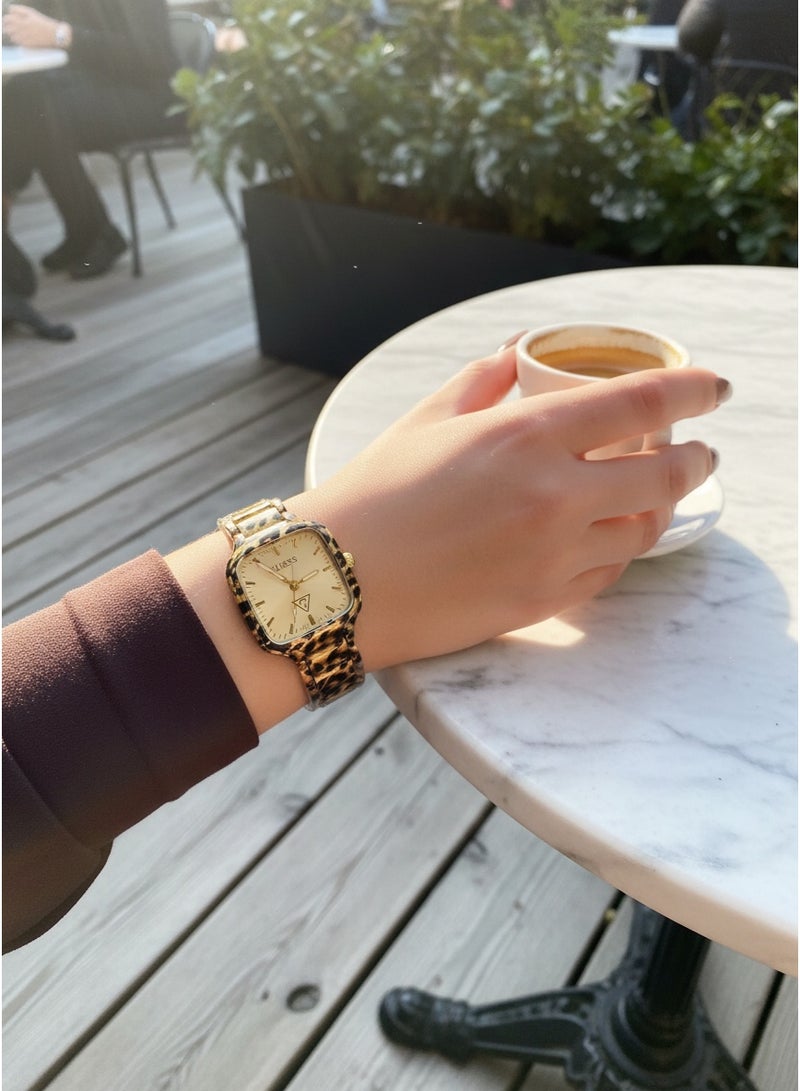 GUESS Women Luxury Fashion Analog Quartz Watch With Leopard Animal Print Link Bracelet Square Case Gold Dial Gold Indices - Image 3