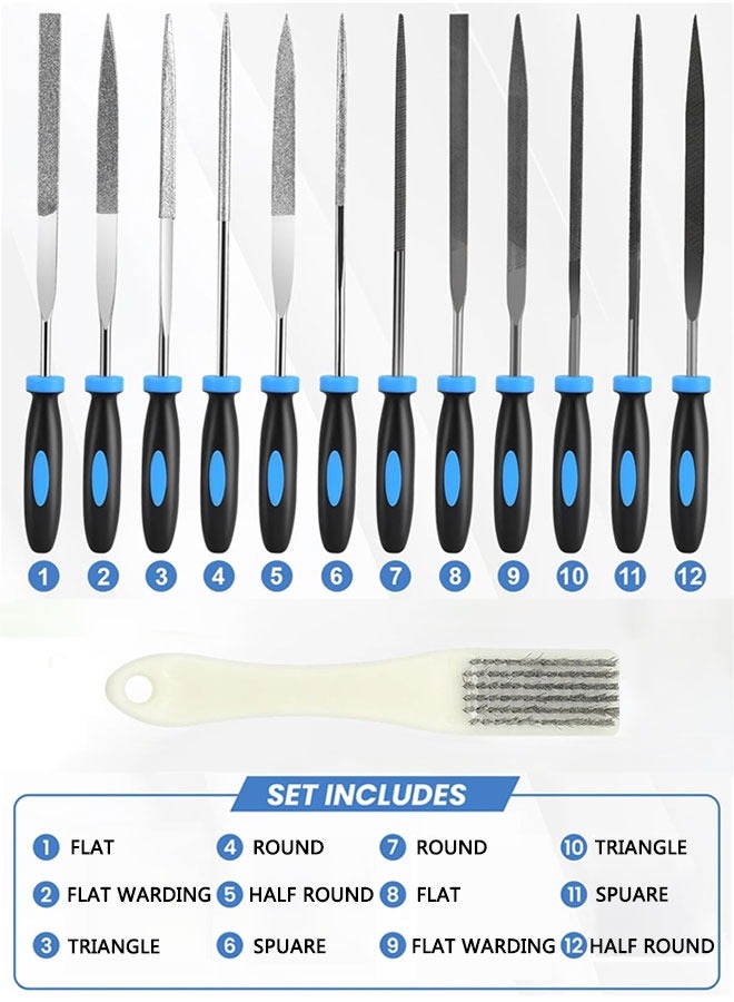 HAWAWA 13Pcs Piece Hand & Needle File Tool Set, 6 Diamond Files, 6 Steel Files, Cleaning Brush & Carrying Case, for Precision Metal File Work, Wood, Jewelry, Plastic, DIY Carving Tool Kit - Image 4