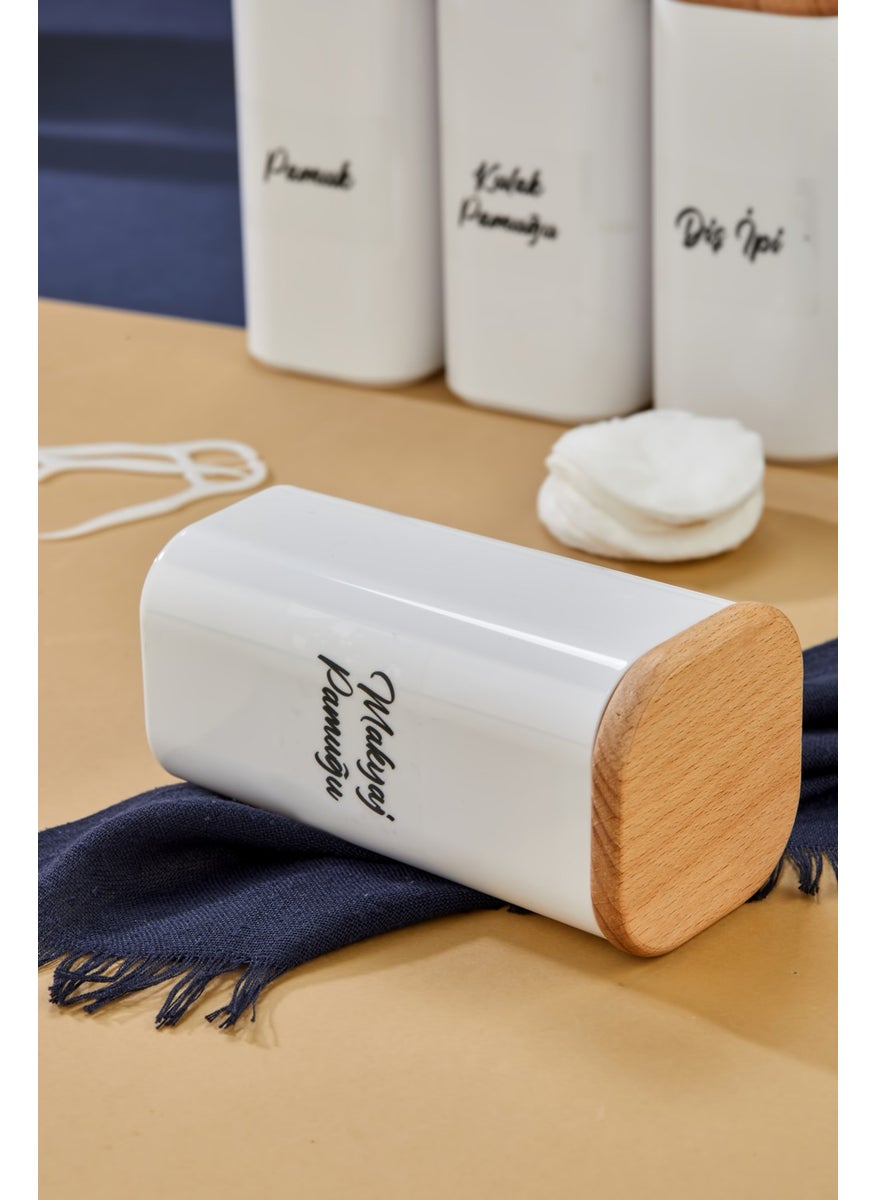 Fbz Home 4-Piece Wooden Cover Acrylic Dental Floss & Cotton Buds & Cotton & Makeup Cotton Bathroom Set 300 ml  - Image 2