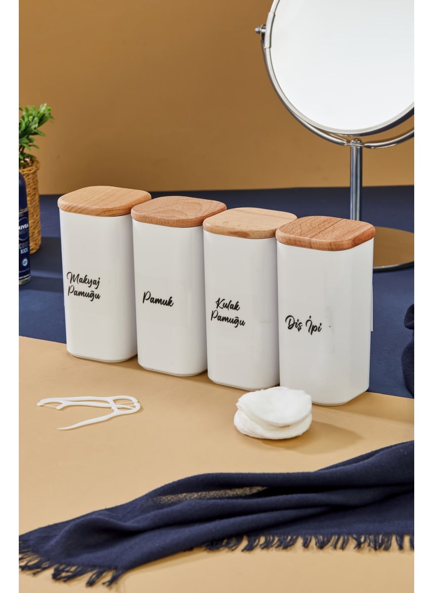 Fbz Home 4-Piece Wooden Cover Acrylic Dental Floss & Cotton Buds & Cotton & Makeup Cotton Bathroom Set 300 ml  - Image 3