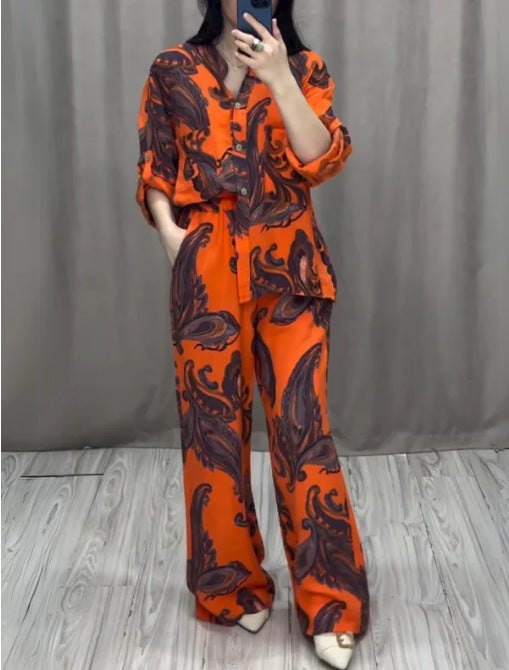 3D Digital Print Fashion Womens Long-Sleeve Shirt Pants Set orange red - Image 1