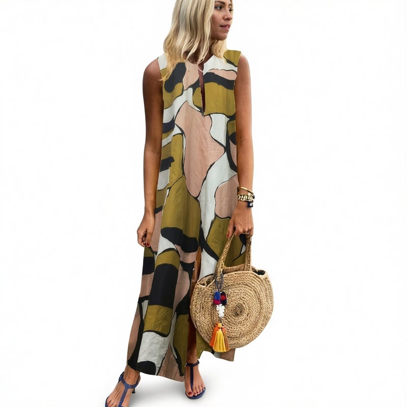 Women's Sleeveless V-Neck Printed Maxi Dress with Side Slit - Image 1