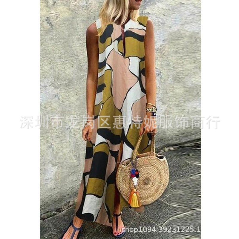 Women's Sleeveless V-Neck Printed Maxi Dress with Side Slit - Image 2