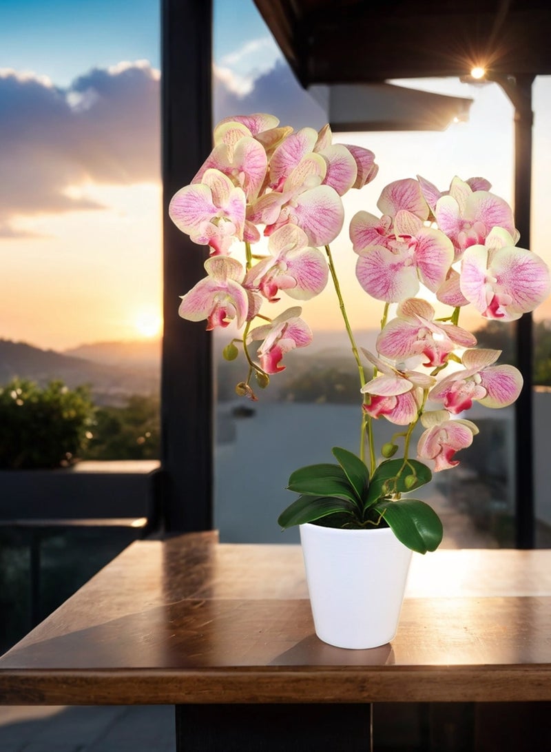 Generic Magic Style Artificial Beige-lilac orchids 2 stems in white ceramic pot  - Image 2