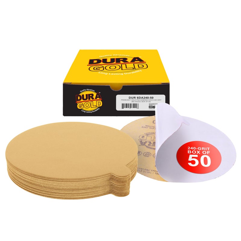 DuraGold Premium 6 Gold PSA Sanding Discs 240 Grit Box of 50 Self Adhesive Stickyback Sandpaper for DA Sander Finishing CoarseCut Abrasive Sand Automotive Car Paint Woodworking Wood Metal