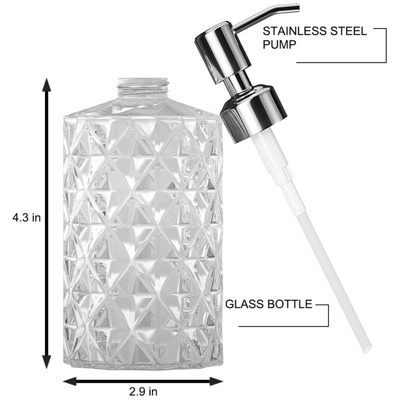 GLADPURE Soap Dispenser - 2 Pack, 12 Oz Clear Diamond Design Glass Refillable Hand Soap Dispensers; with 304 Rust Proof Stainless Steel Pump, Lotion Dispensers for Kitchen, Bathroom - Image 2