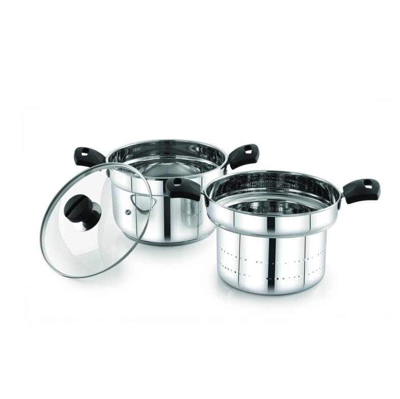 Praylady Triply Base Multi Purpose Cookpot 22 cm | 4.0 L | Triply SS | Glass Lid | Steamer & Strainer | W/O Idli Plates | Dhokla | Momos | Pasta | Biryani | Heat-Resist Handles | Induction & Gas - Image 5