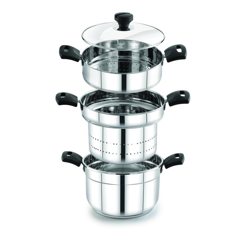Praylady Triply Base Multi Purpose Cookpot 22 cm | 4.0 L | Triply SS | Glass Lid | Steamer & Strainer | W/O Idli Plates | Dhokla | Momos | Pasta | Biryani | Heat-Resist Handles | Induction & Gas - Image 1