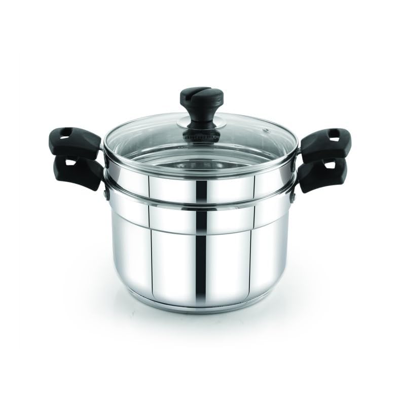 Praylady Triply Base Multi Purpose Cookpot 22 cm | 4.0 L | Triply SS | Glass Lid | Steamer & Strainer | W/O Idli Plates | Dhokla | Momos | Pasta | Biryani | Heat-Resist Handles | Induction & Gas - Image 3