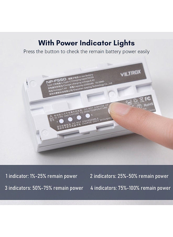 VILTROX - VILTROX NP-F550 Battery 2200mAh Large Capacity Li-ion Battery with Type-C Charging Port Power Indicators for Camera Monitors LED Video Lights - Image 1