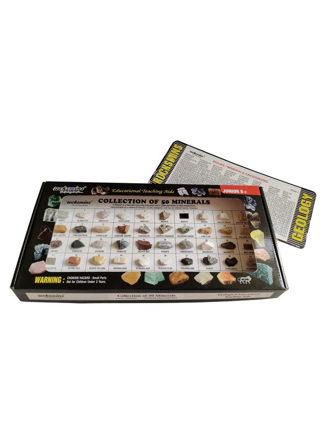 ROCKSMINS MI50WM Collection Set of 50 Minerals School Education Mineral Samples Activity Geology Earth Science Stones Memory Great Educational STEM Toys for Kids Free Geology Crossword Activity Card - Image 1