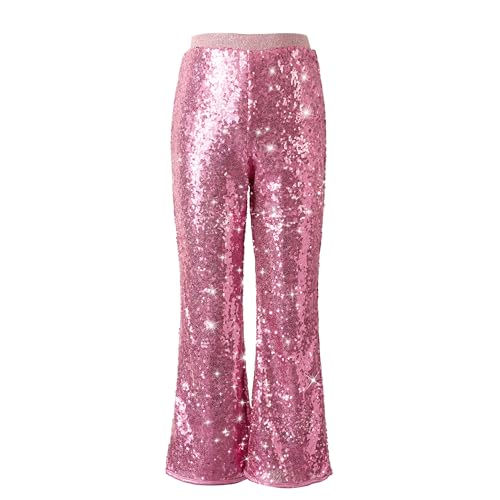LOLANTA Girls Sequin Flare Pants Sparkle Bell Bottoms Kids Elastic Waist Glitter Disco Dance Trousers(Pink,6-7Y) - Image 2