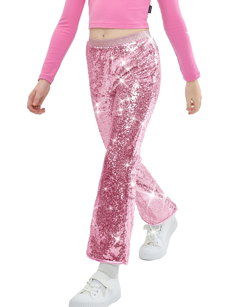 LOLANTA Girls Sequin Flare Pants Sparkle Bell Bottoms Kids Elastic Waist Glitter Disco Dance Trousers(Pink,6-7Y) - Image 1