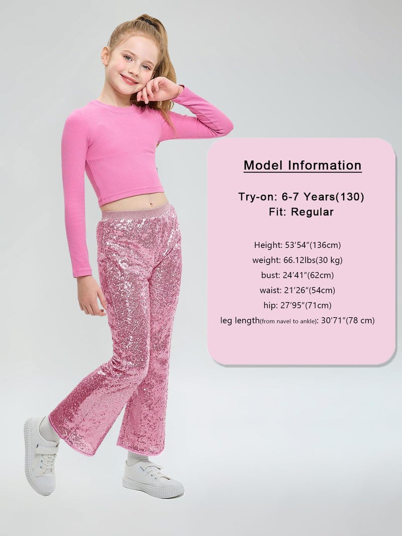LOLANTA Girls Sequin Flare Pants Sparkle Bell Bottoms Kids Elastic Waist Glitter Disco Dance Trousers(Pink,6-7Y) - Image 4