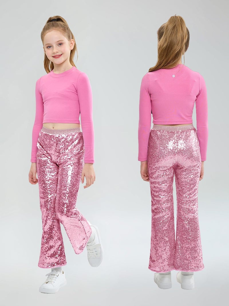 LOLANTA Girls Sequin Flare Pants Sparkle Bell Bottoms Kids Elastic Waist Glitter Disco Dance Trousers(Pink,6-7Y) - Image 3