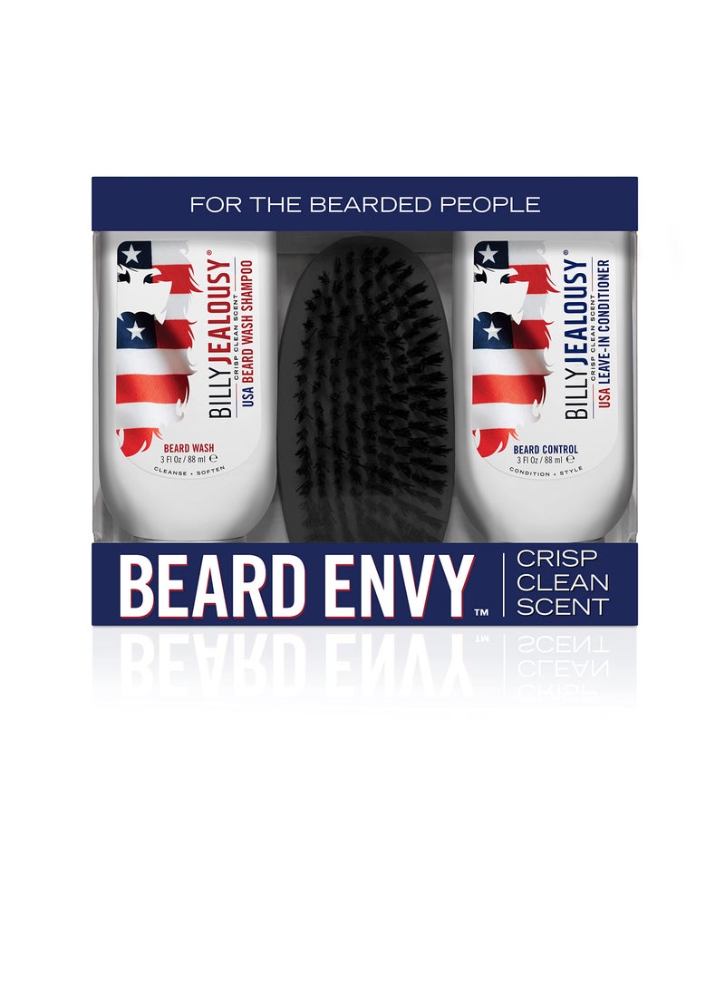 Billy Jealousy - Billy Jealousy USA Beard Envy Facial Hair Refining Kit with Beard Wash Facial Hair Control and Boar Bristle Brush for Clean, Hydrated, Soft, Tamed Unruly Mane - Image 1