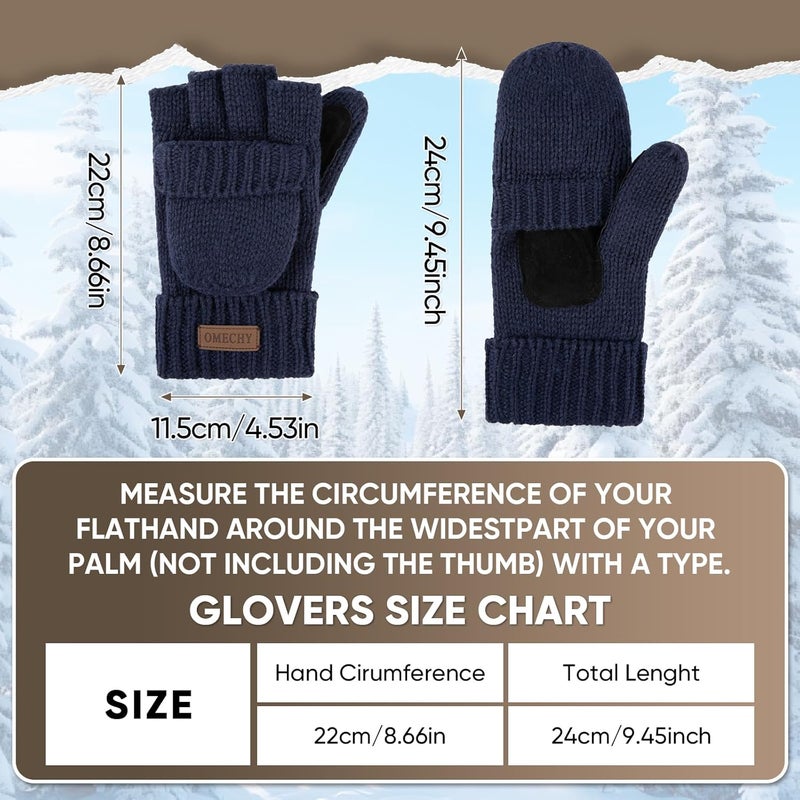 OMECHY Winter Knitted Fingerless Wool Gloves Thermal Insulation Warm Convertible Mittens Flap Cover for Men Women - Image 3