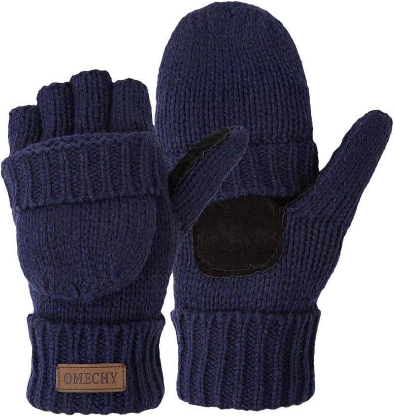 OMECHY Winter Knitted Fingerless Wool Gloves Thermal Insulation Warm Convertible Mittens Flap Cover for Men Women - Image 1
