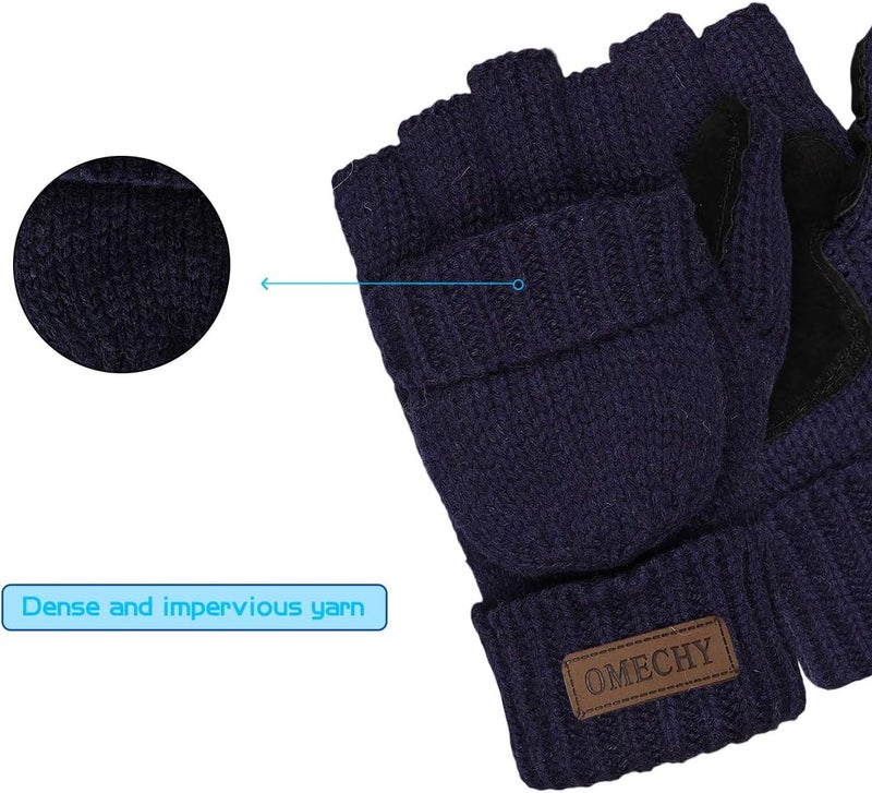 OMECHY Winter Knitted Fingerless Wool Gloves Thermal Insulation Warm Convertible Mittens Flap Cover for Men Women - Image 4