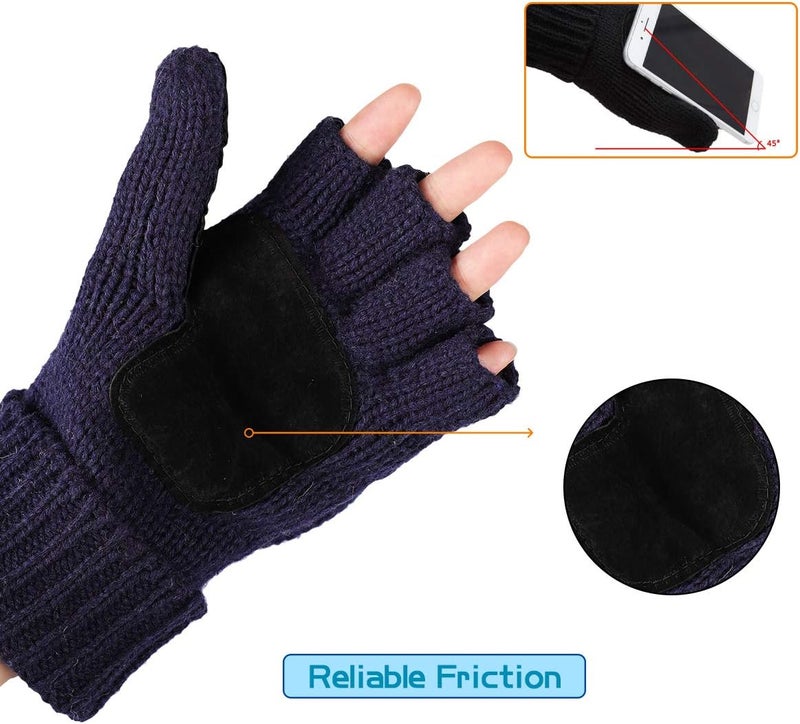 OMECHY Winter Knitted Fingerless Wool Gloves Thermal Insulation Warm Convertible Mittens Flap Cover for Men Women - Image 2