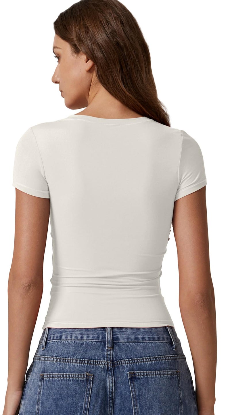 QINSEN Slim Fit Short Sleeve Shirts for Women Crewneck Side Ruched Tees Summer Basic Going Out Tops White L - Image 2